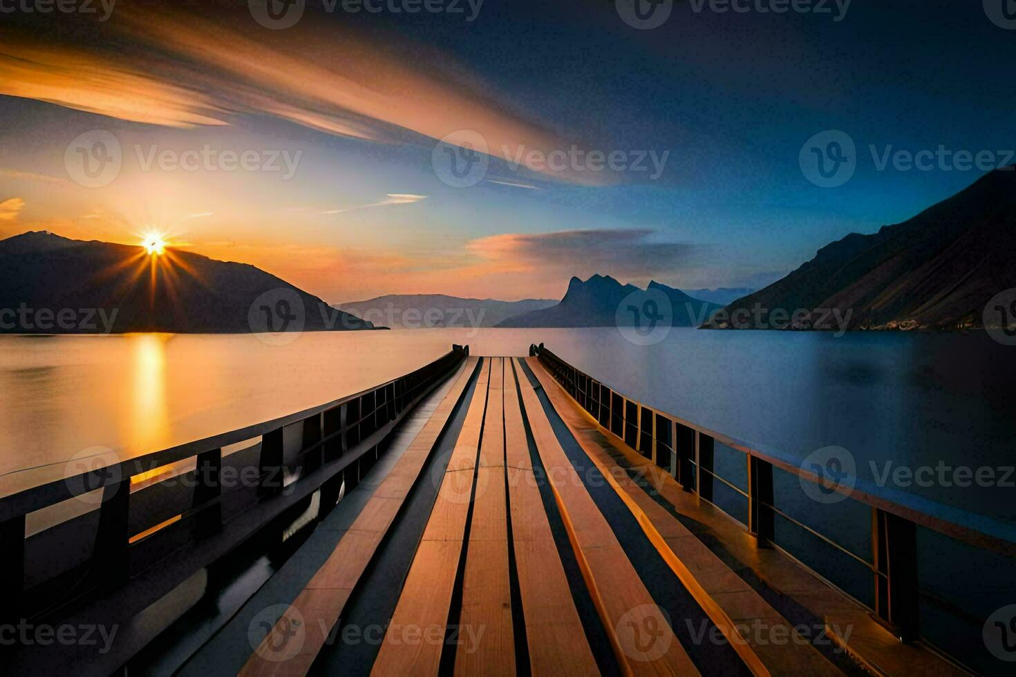 a long pier with the sun setting over mountains. AI-Generated photo