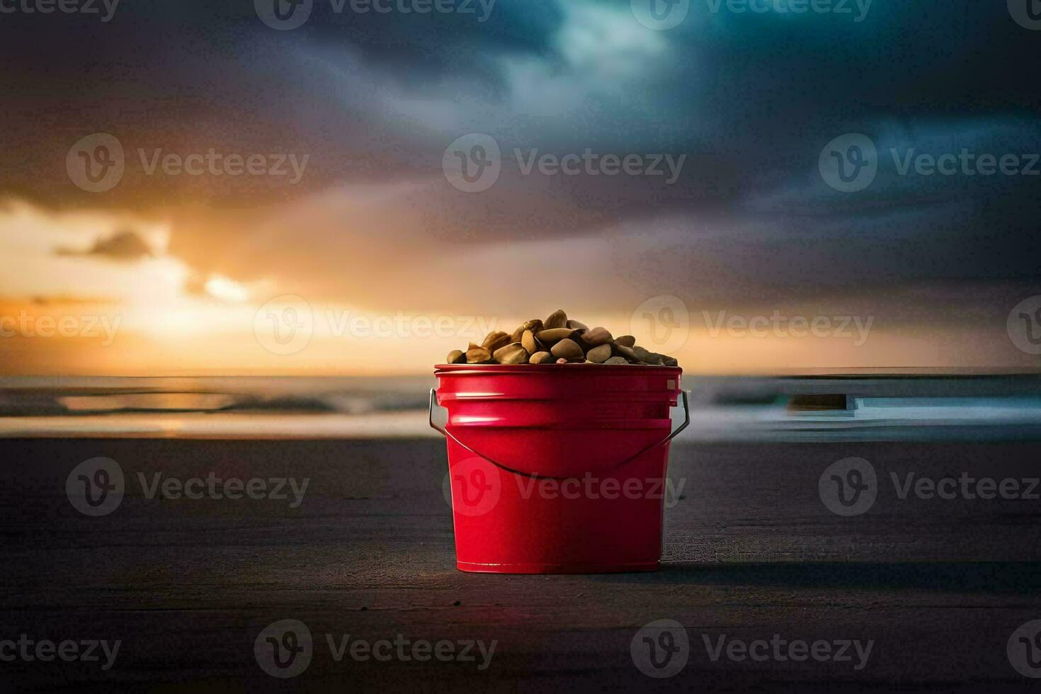 a bucket of peanuts on the beach. AI-Generated photo