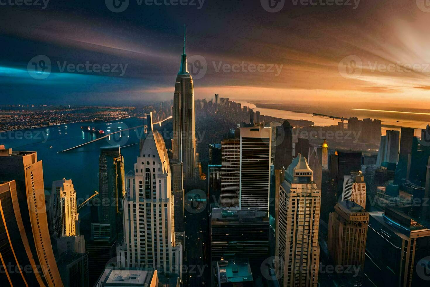 the sun sets over new york city. AI-Generated photo