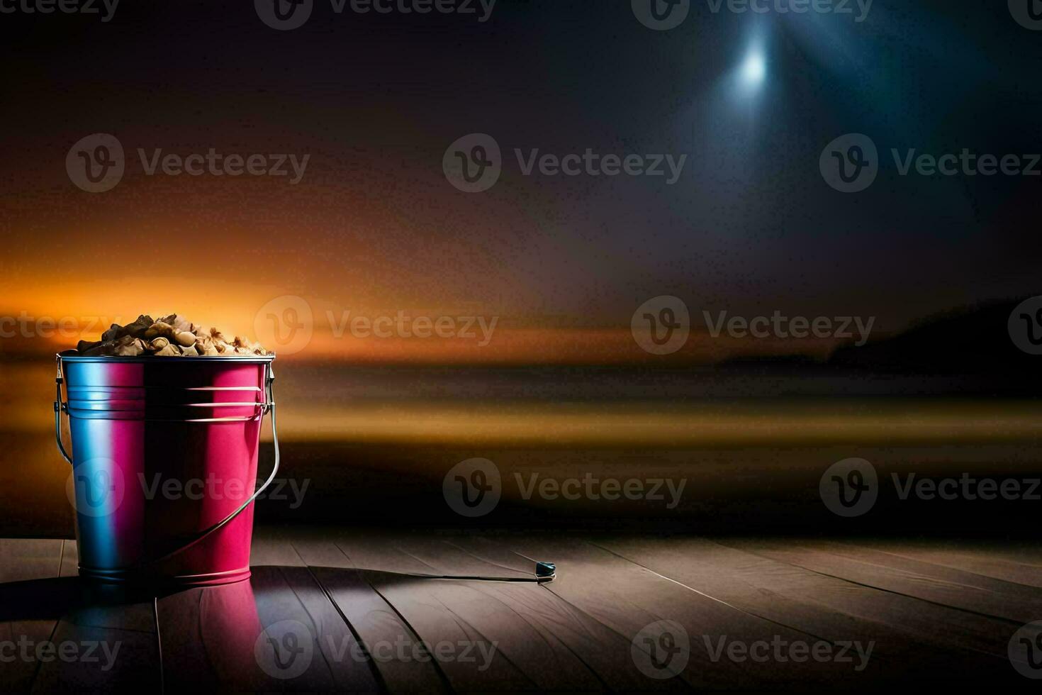 a bucket of popcorn on a wooden floor. AI-Generated photo