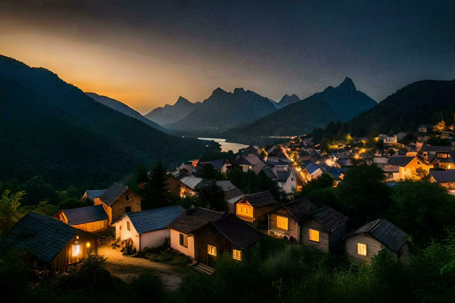 foto fondo de pantalla el cielo, montañas, el aldea, el luces, el aldea, el luces,. generado por ai