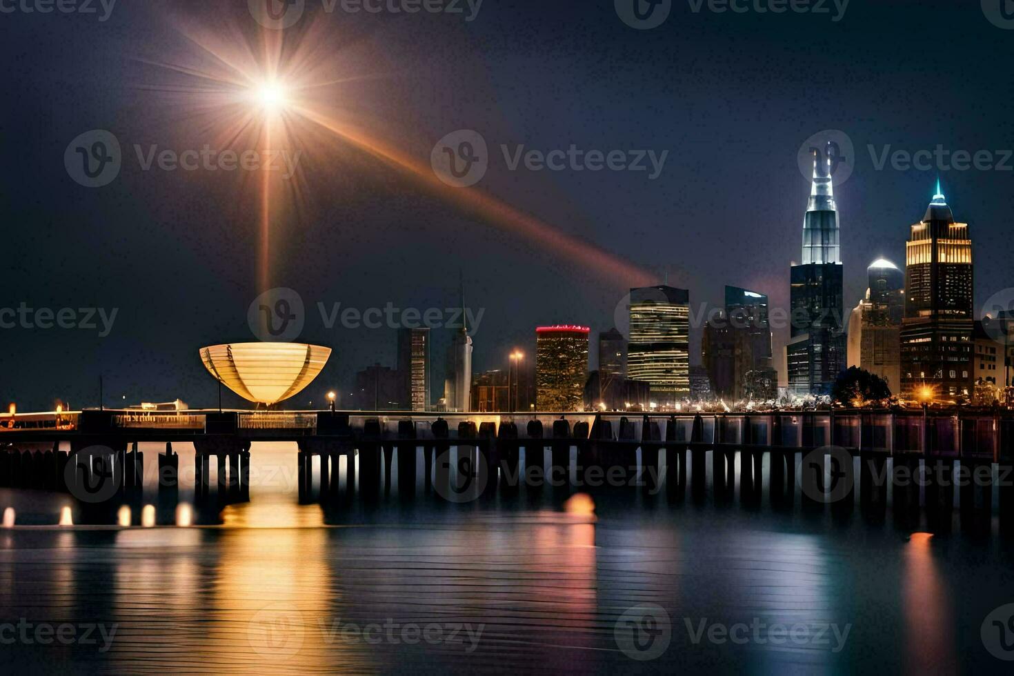 the city skyline is lit up at night with a bright light shining on it. AI-Generated photo