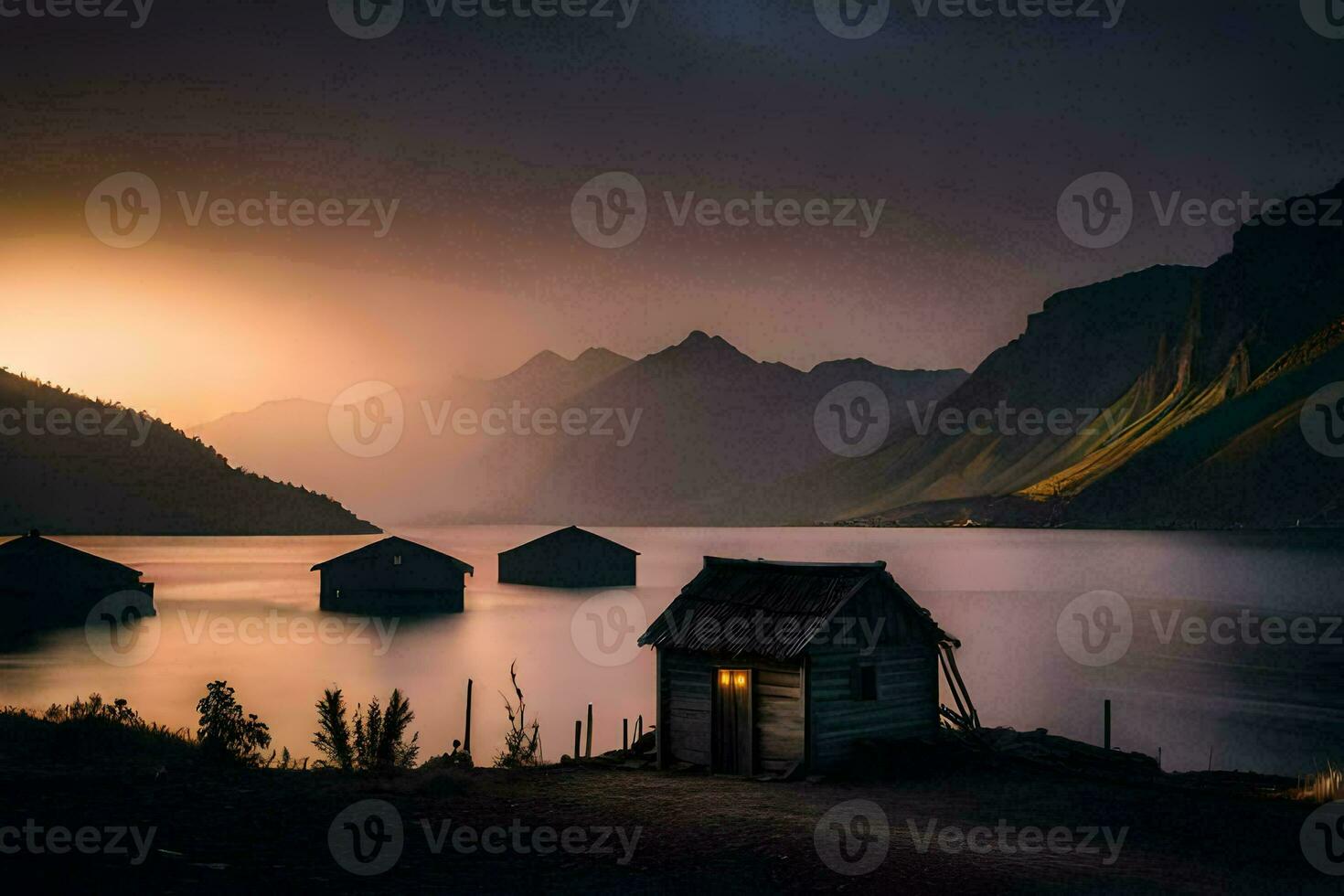 foto fondo de pantalla el cielo, montañas, agua, casa, el montañas, el lago, el montañas. generado por ai