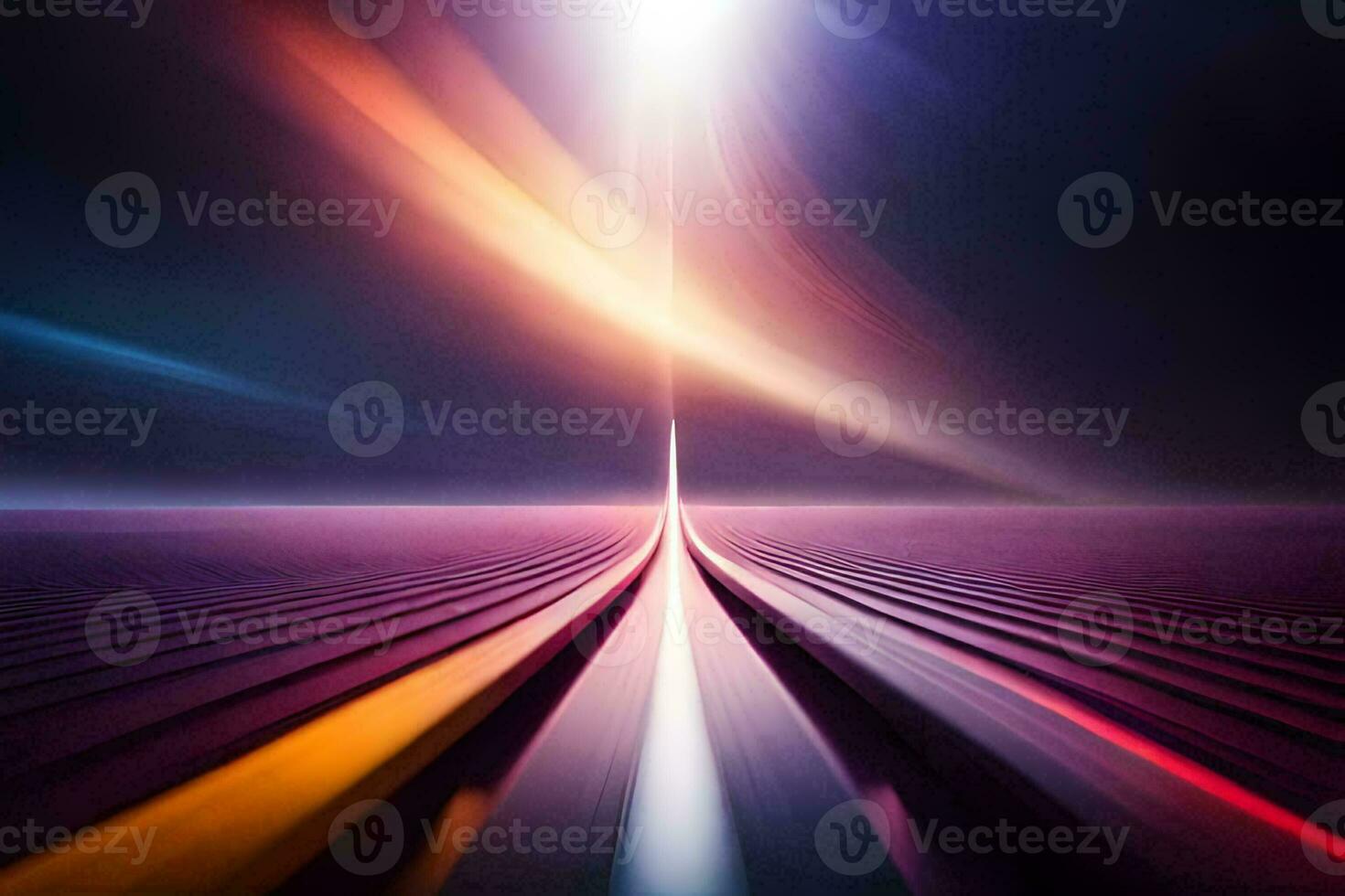 a long exposure photograph of a road with a bright light. AI-Generated photo