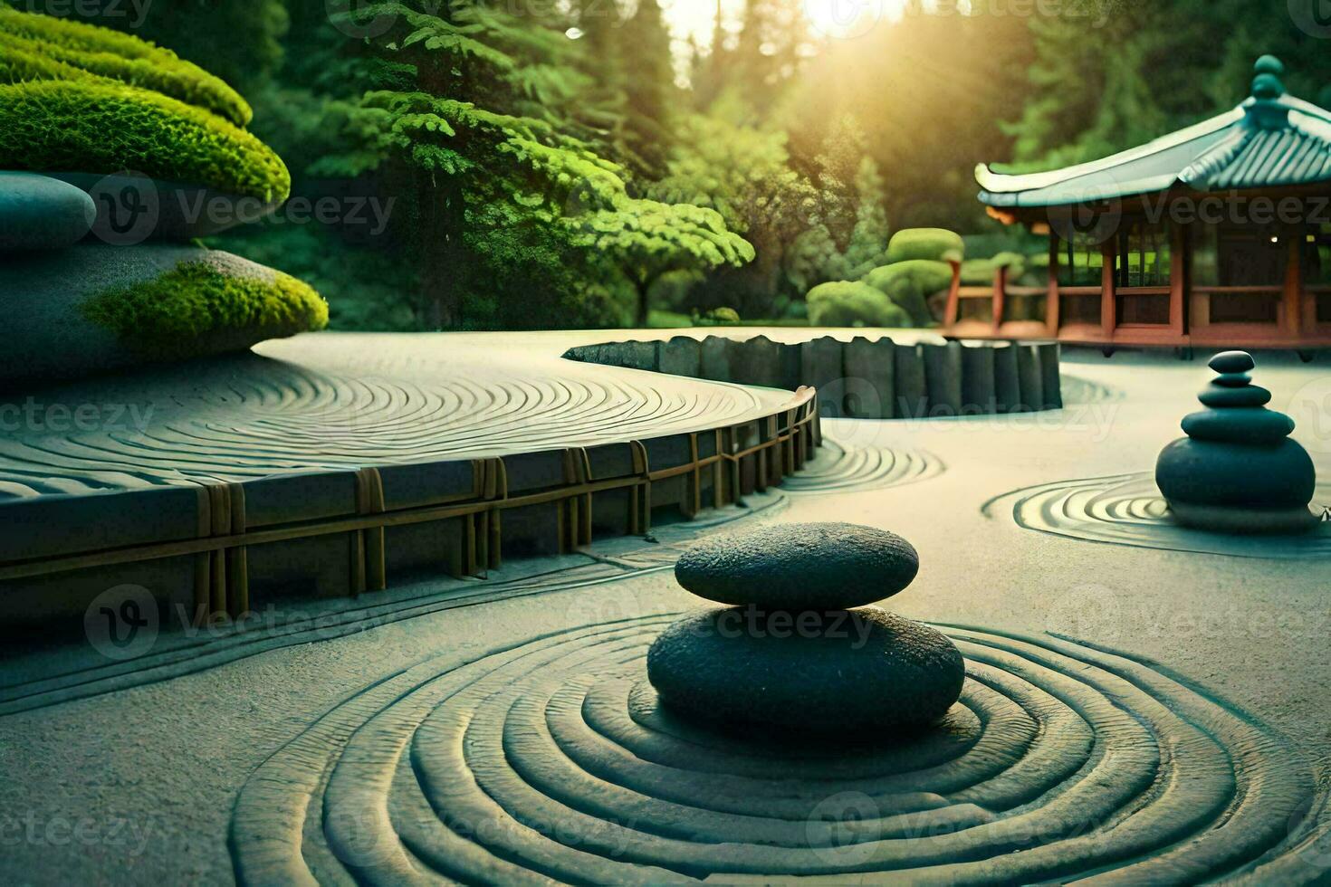 a zen garden with rocks and a pagoda. AI-Generated photo