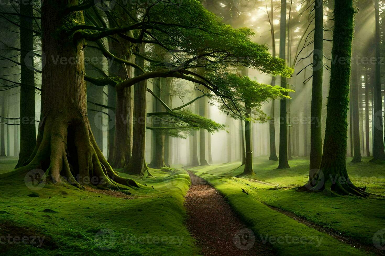 un camino mediante un bosque con arboles y césped. generado por ai foto