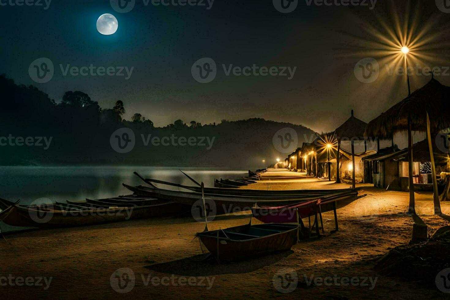 barcos en el playa a noche con un lleno Luna. generado por ai foto