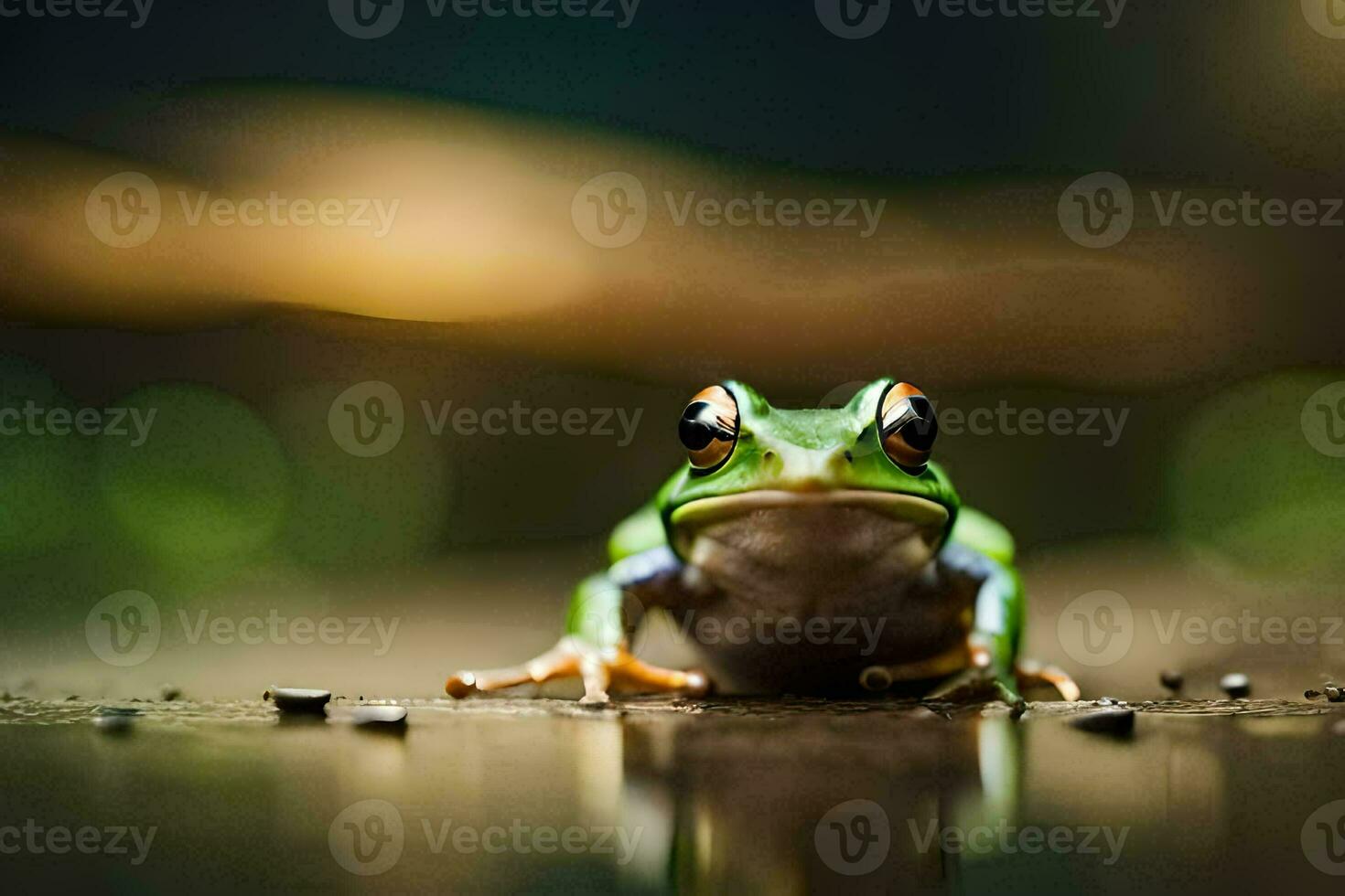 a frog sitting on the ground with a blurry background. AI-Generated photo