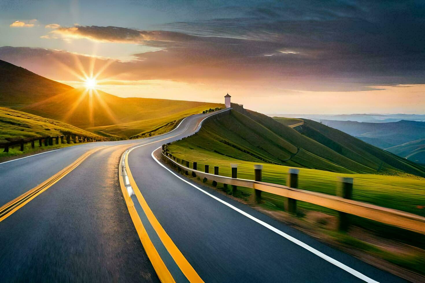 the sun is setting over a winding road in the mountains. AI-Generated photo