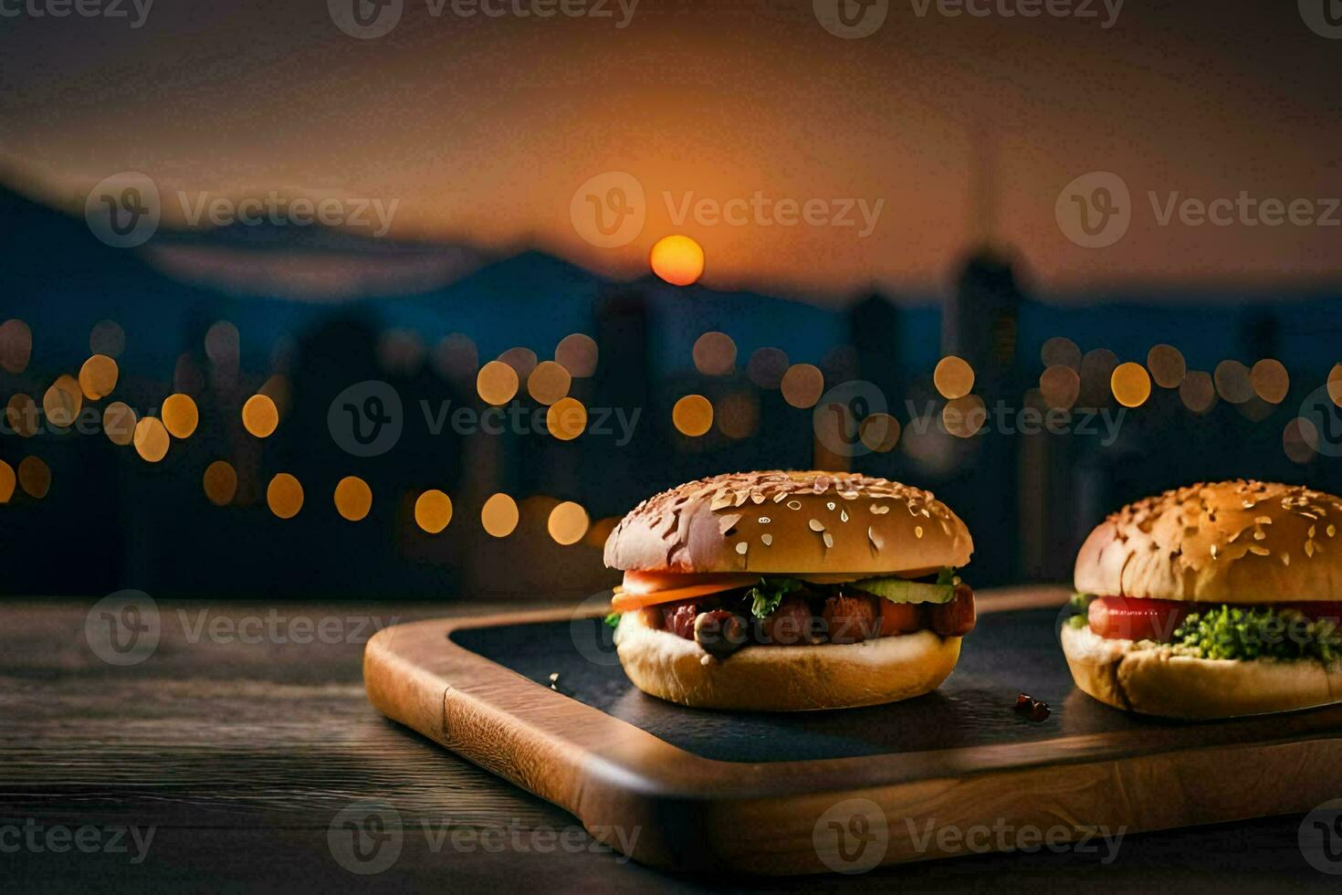 dos hamburguesas en un de madera tablero con un paisaje urbano en el antecedentes. generado por ai foto