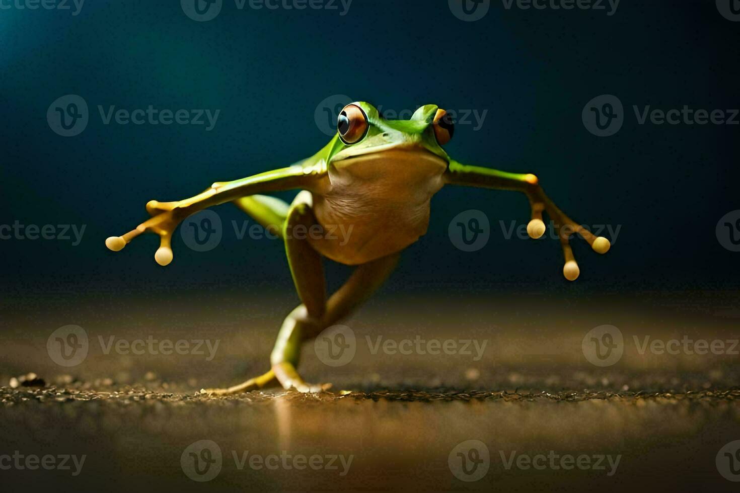 a frog is jumping on the ground. AI-Generated photo