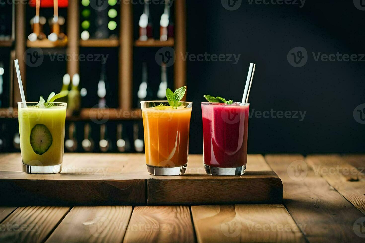 three different juices are sitting on a wooden table. AI-Generated photo