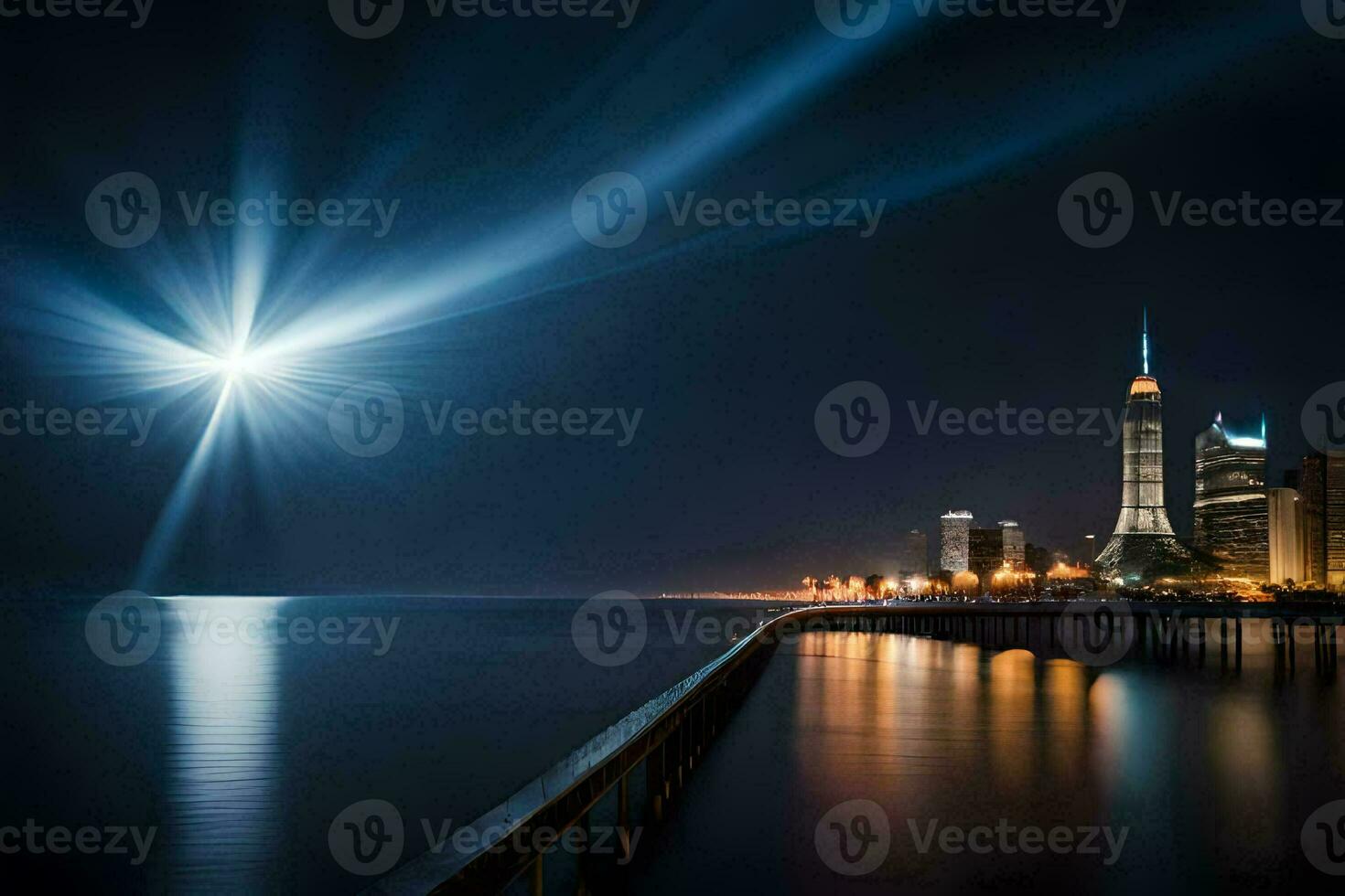 the city lights shine brightly over the water. AI-Generated photo