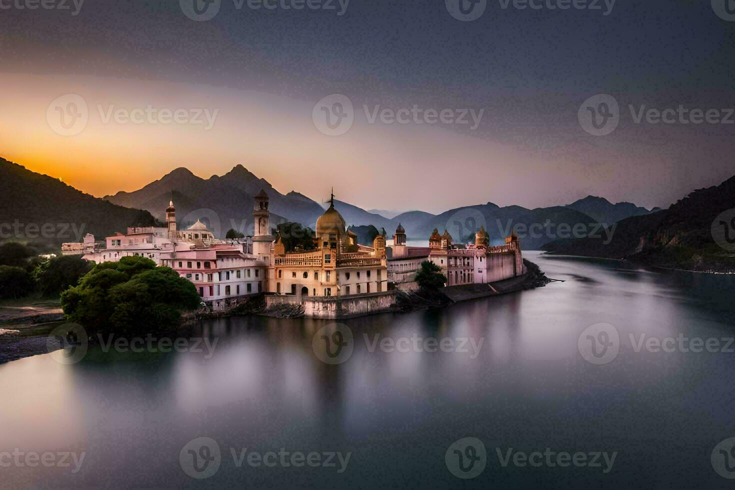 the sunset over the river in india. AI-Generated photo