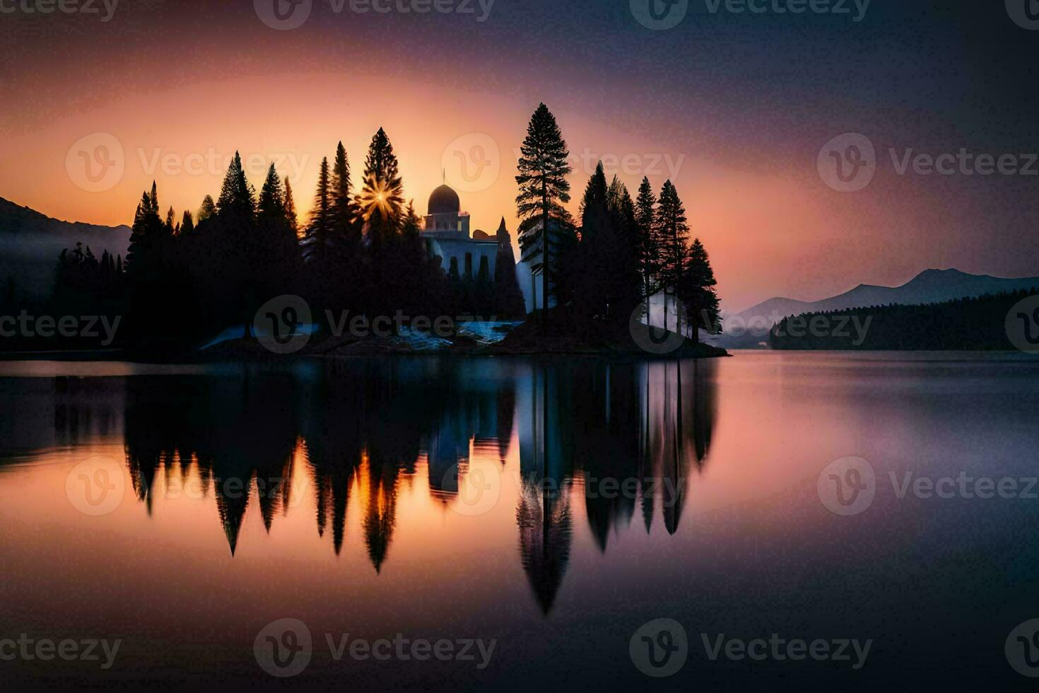 a lake with trees and a castle at sunset. AI-Generated photo