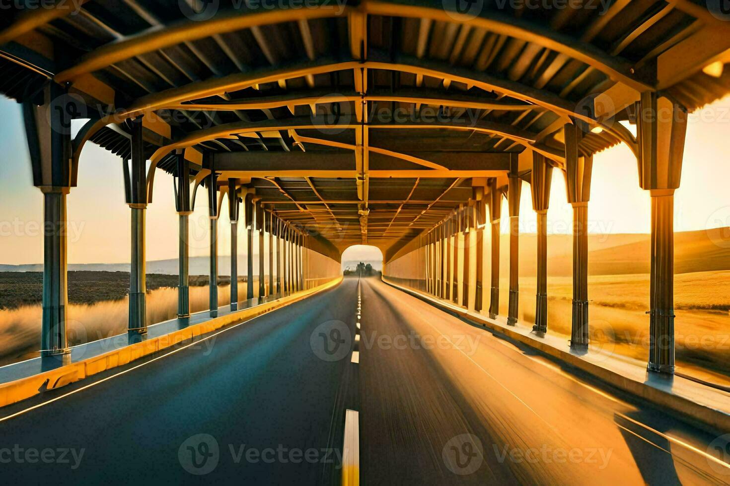 a long bridge with a car driving on it. AI-Generated photo