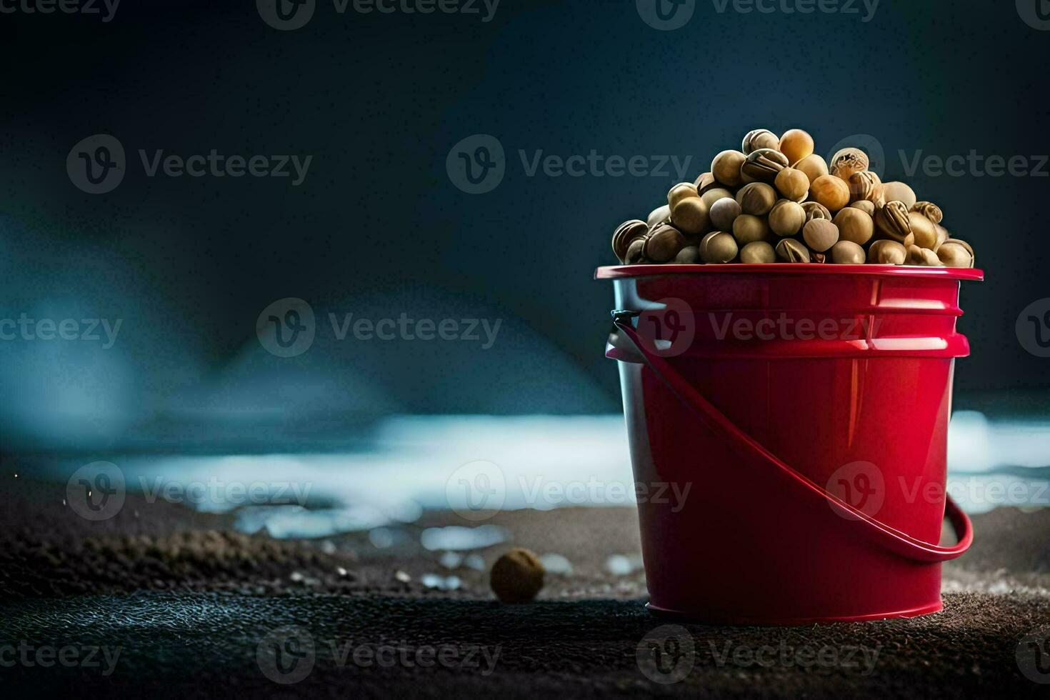 a bucket filled with peanuts on a dark background. AI-Generated photo