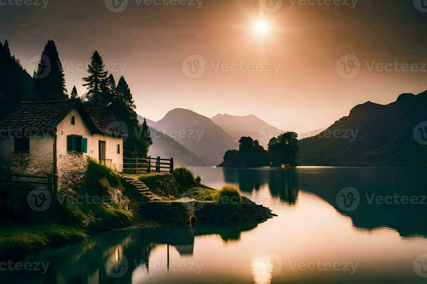 photo wallpaper the sky, mountains, lake, house, sunset, the sun, the mountains,. AI-Generated