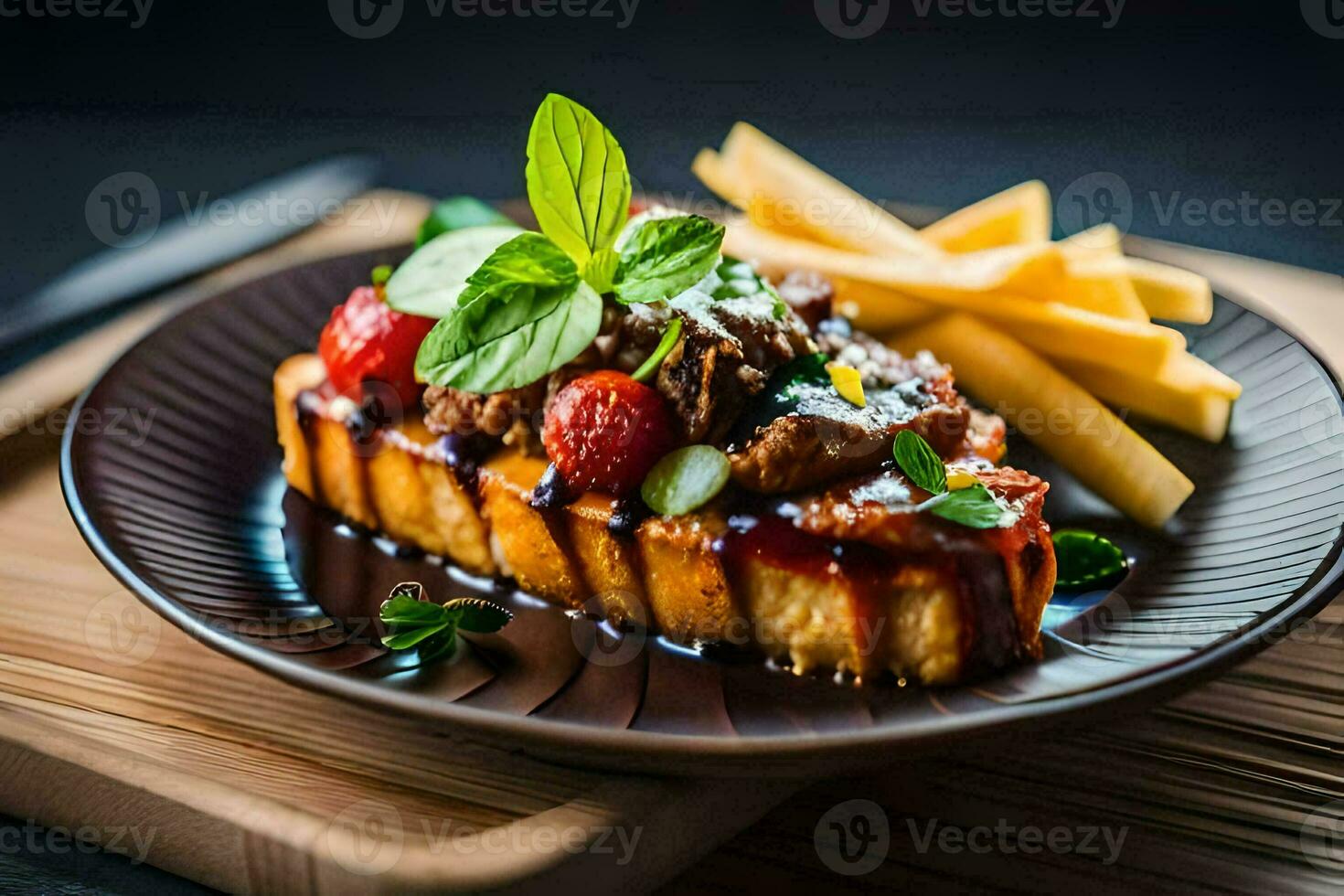 the food is served on a plate with fries and a fork. AI-Generated photo