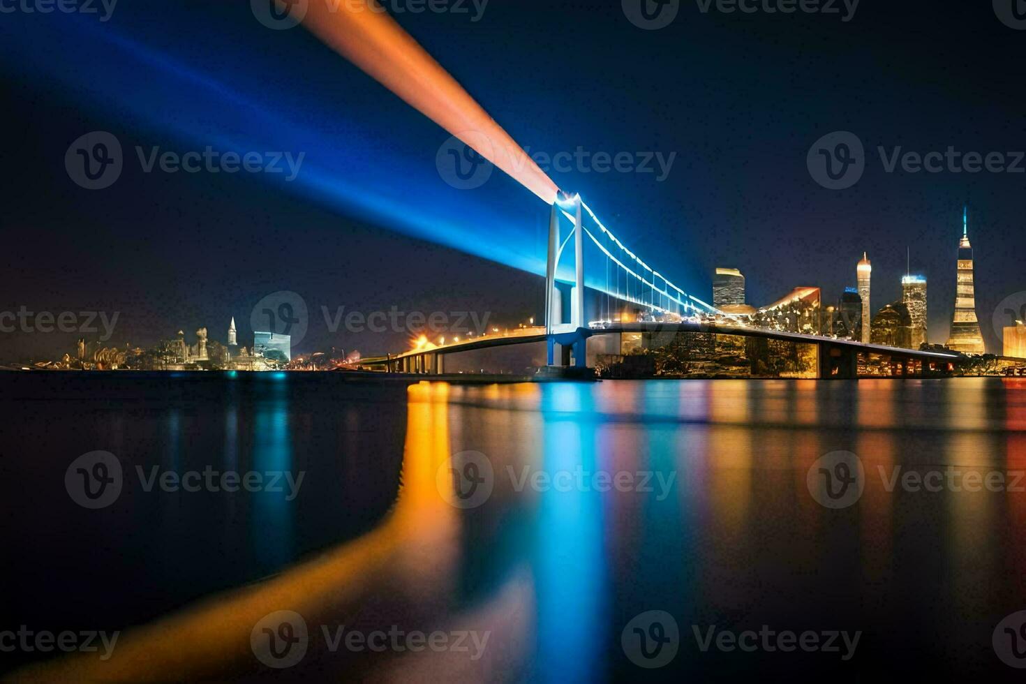 el ciudad horizonte es iluminado arriba a noche con vistoso luces. generado por ai foto