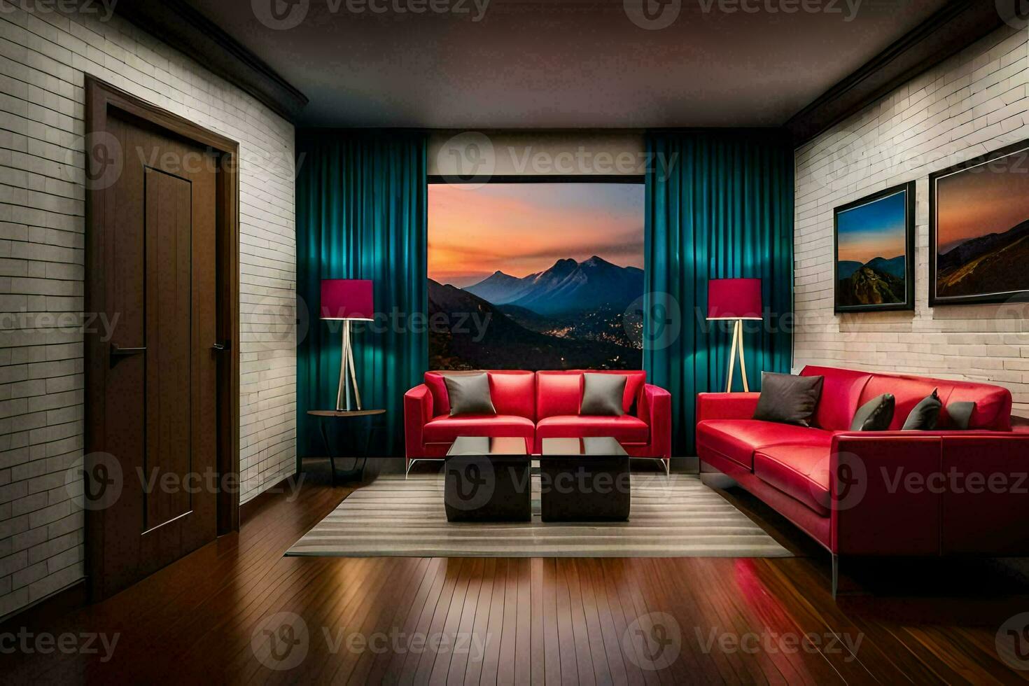 a living room with red couches and a view of mountains. AI-Generated photo