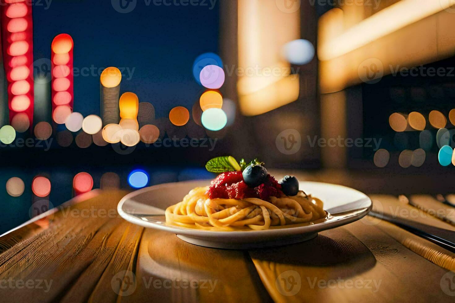 spaghetti with berries on a plate. AI-Generated photo