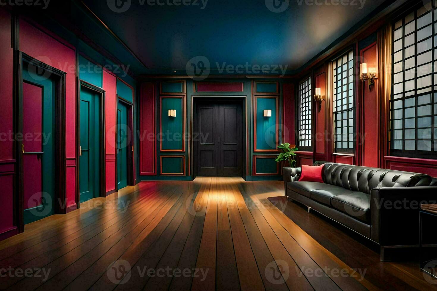 a room with red and blue walls and wooden floors. AI-Generated photo