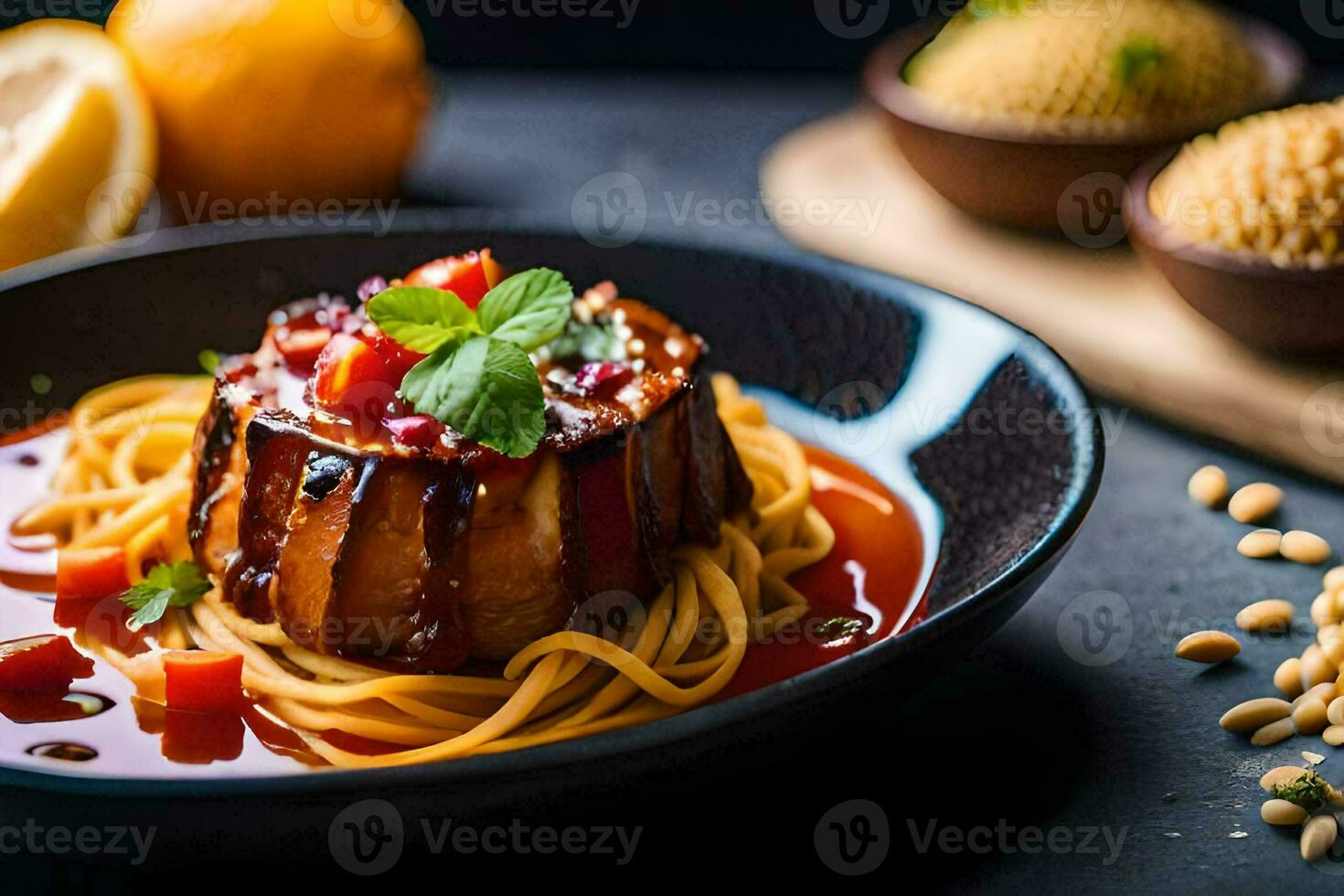 a plate of spaghetti with meat and sauce. AI-Generated photo