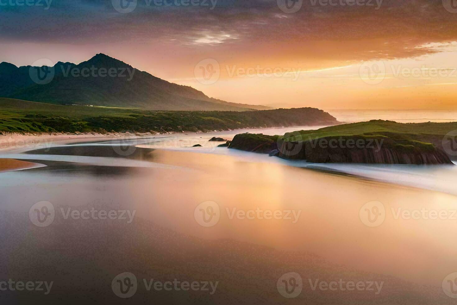 a beautiful sunset over the ocean and mountains. AI-Generated photo
