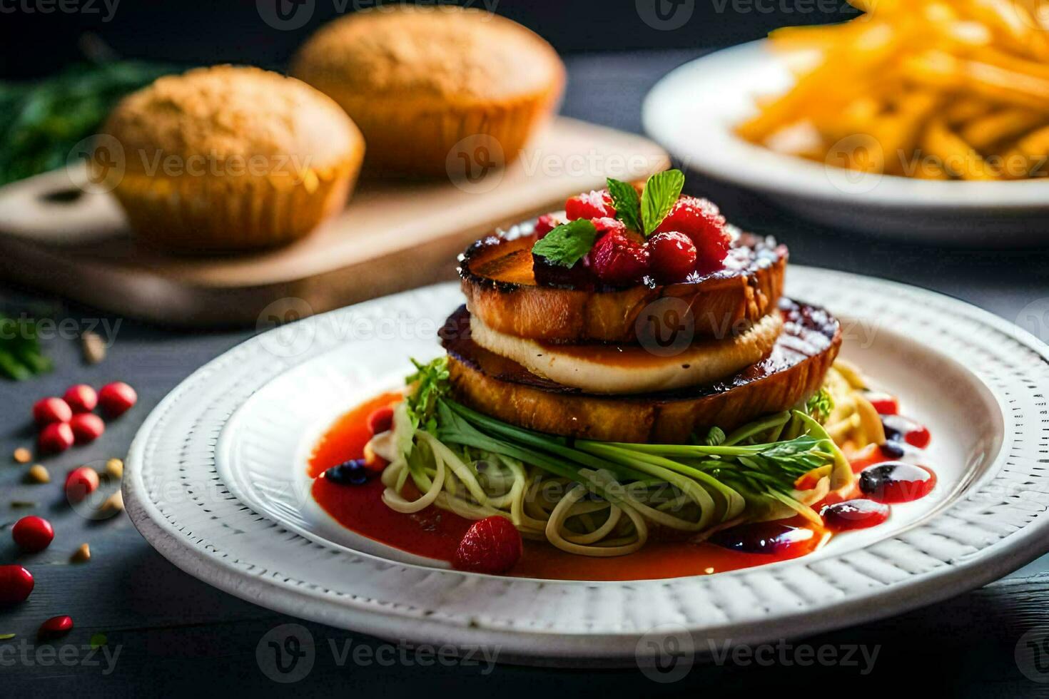 a plate with a stack of food on it. AI-Generated photo