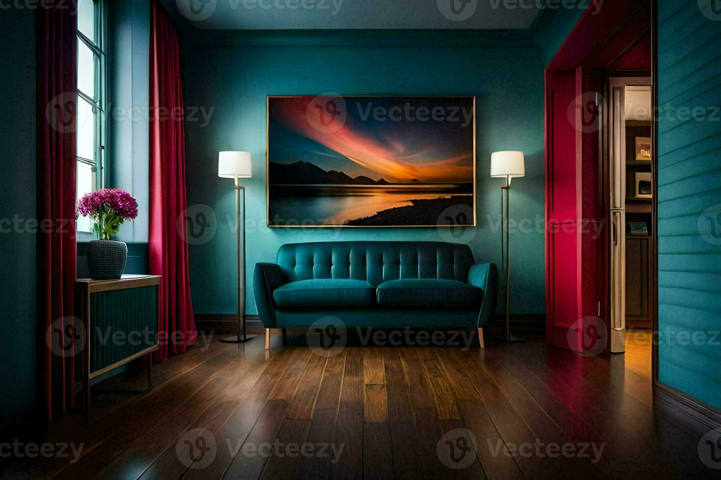 a room with a blue couch and a painting on the wall. AI-Generated photo