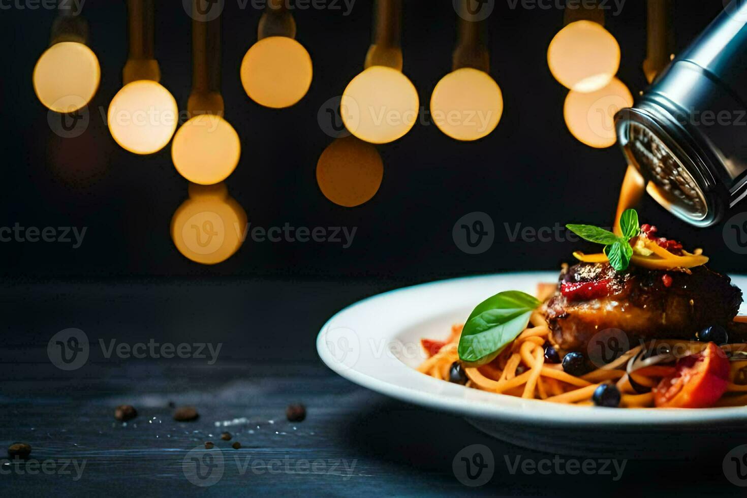 spaghetti with meat and vegetables on a plate. AI-Generated photo