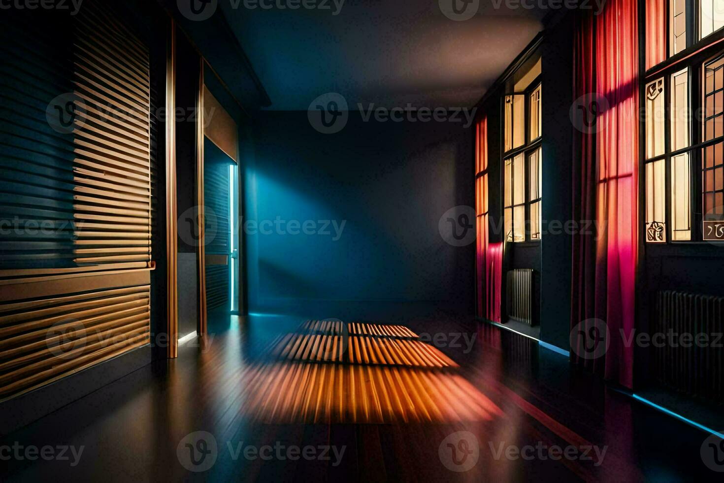 a dark hallway with a light shining through the window. AI-Generated photo