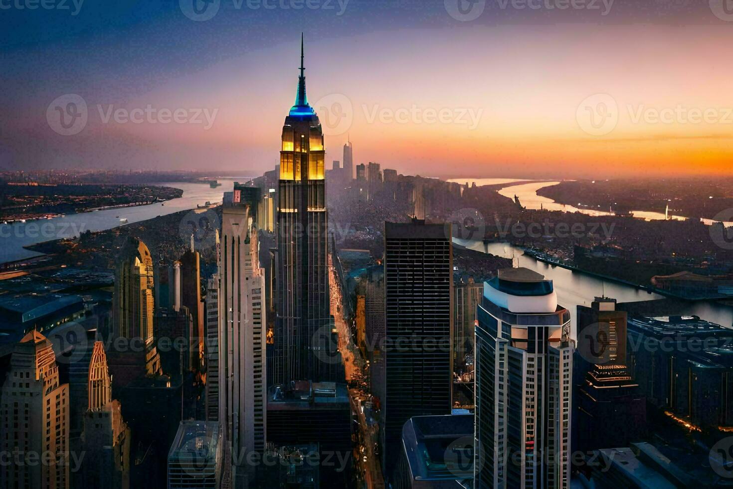 the empire state building is seen at sunset. AI-Generated photo