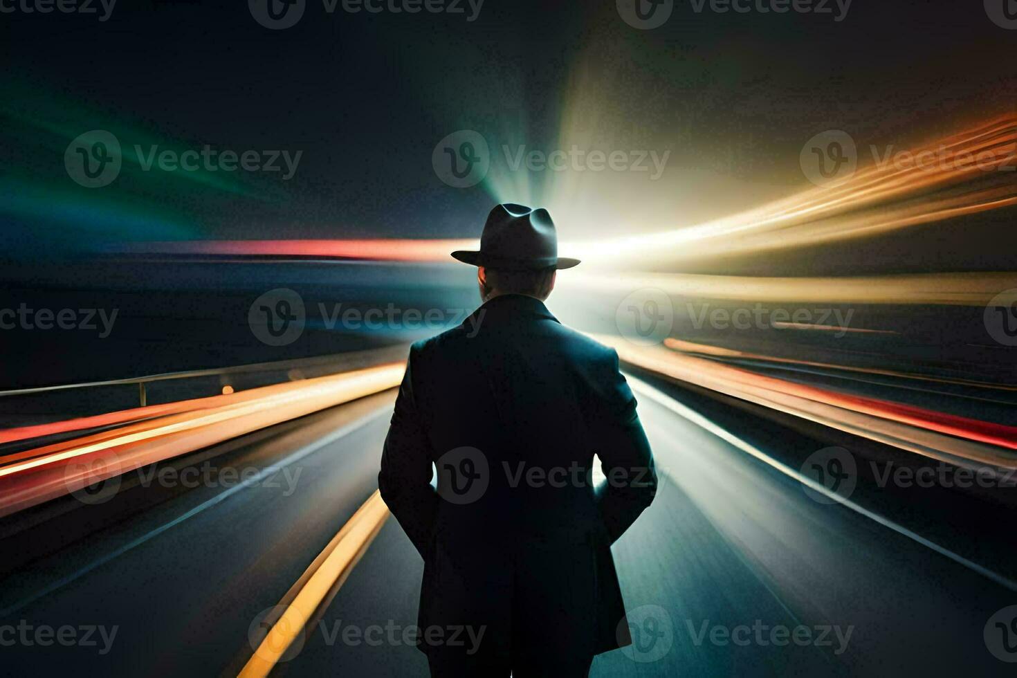 a man in a hat and suit standing on a highway at night. AI-Generated photo