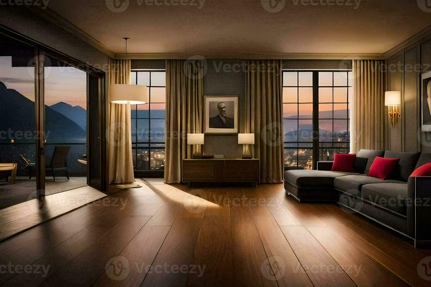 un vivo habitación con un ver de el montañas. generado por ai foto