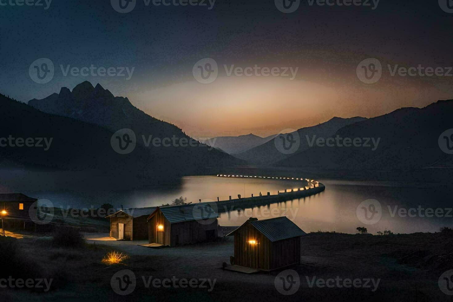 a lake and a pier at night with a mountain in the background. AI-Generated photo