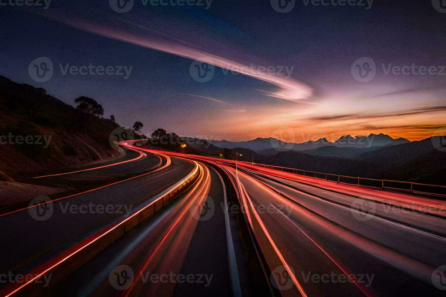 a long exposure photograph of a highway at sunset. AI-Generated photo