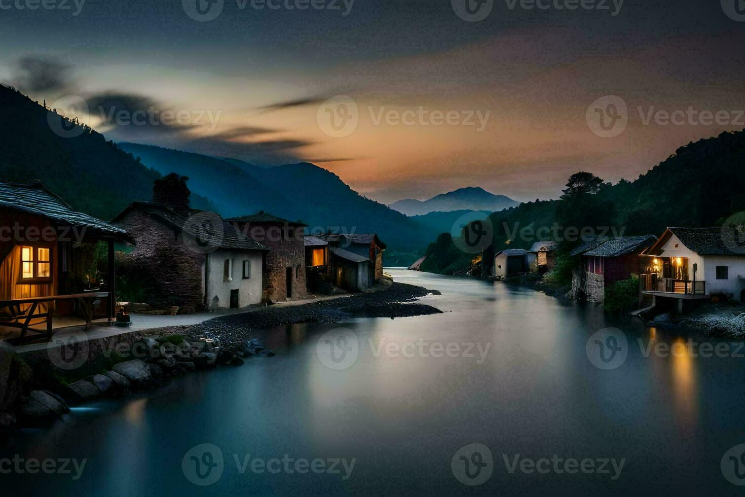 photo wallpaper the sky, mountains, river, houses, the dark, the light, the sky. AI-Generated