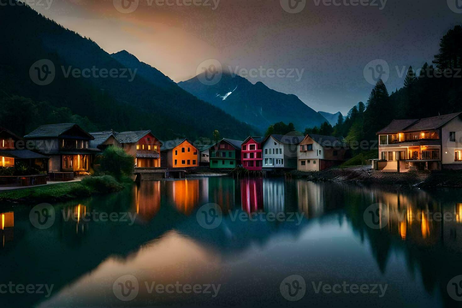 photo wallpaper the sky, mountains, lake, houses, the night, the mountains, the lake. AI-Generated