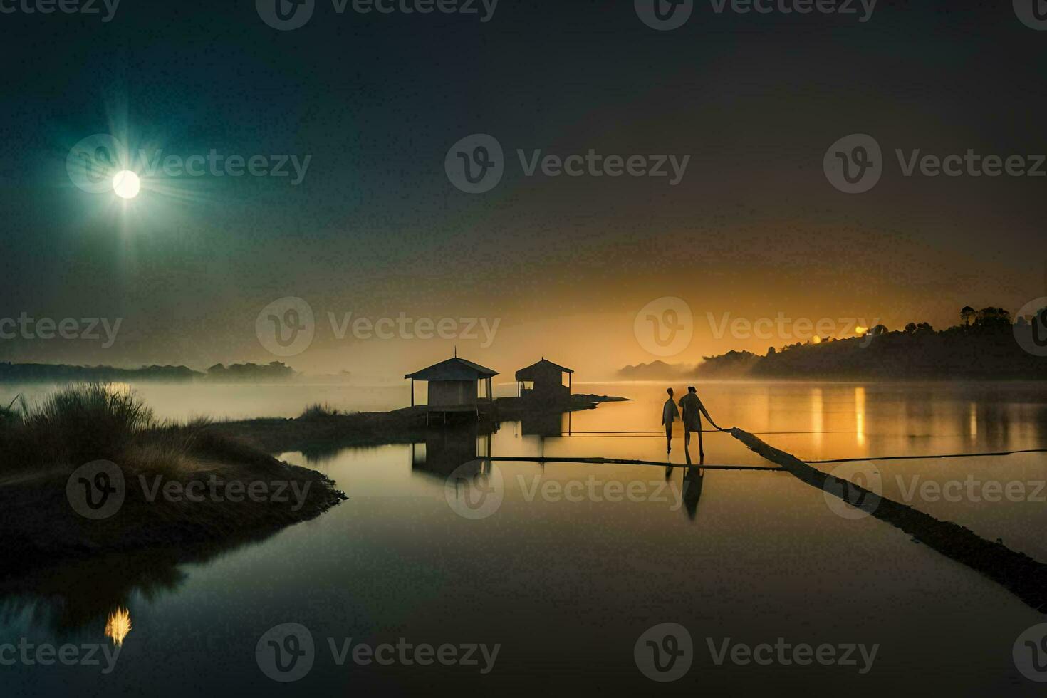 two people walk across a river at night. AI-Generated photo