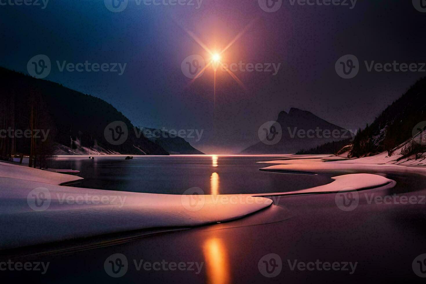 the moon is shining over a lake in the snow. AI-Generated photo