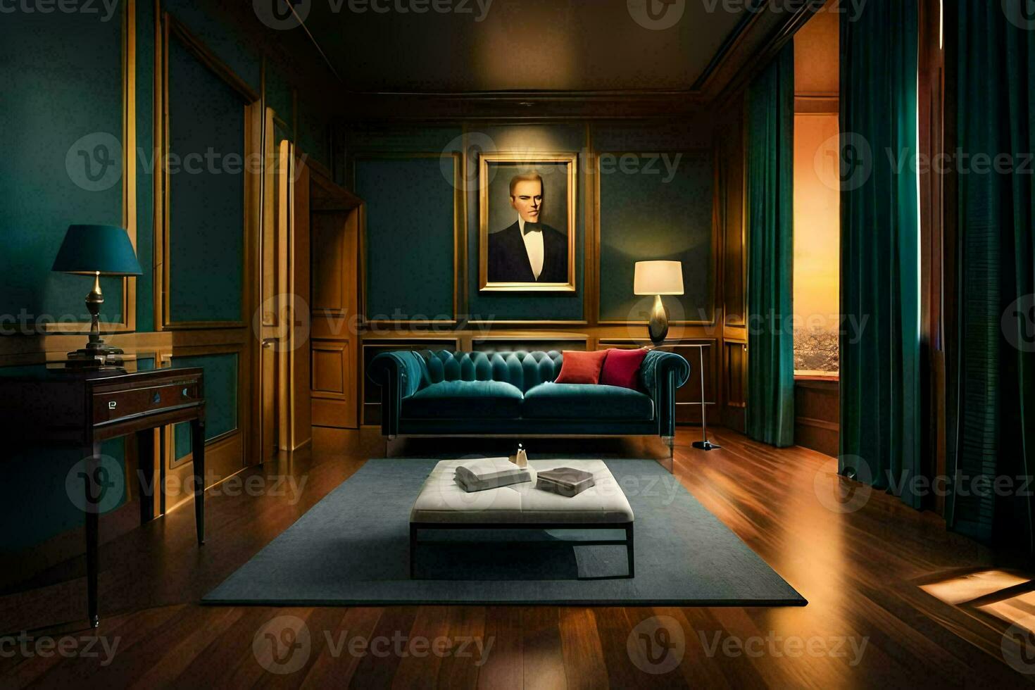a room with a blue couch and a painting on the wall. AI-Generated photo