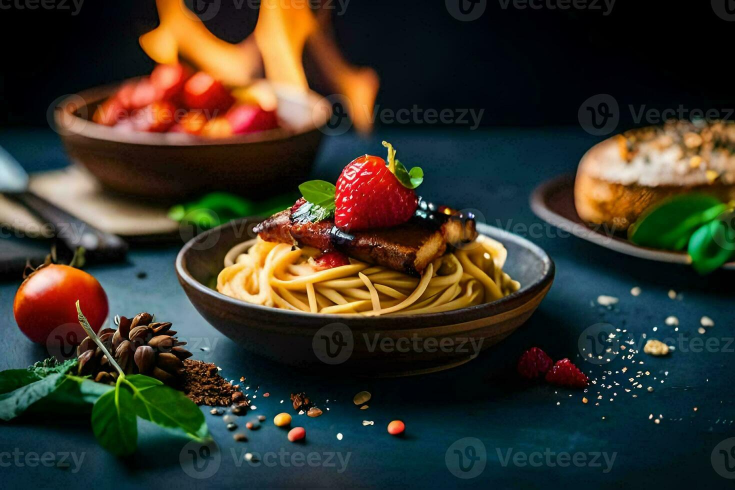 espaguetis con fresas y balsámico vinagre. generado por ai foto