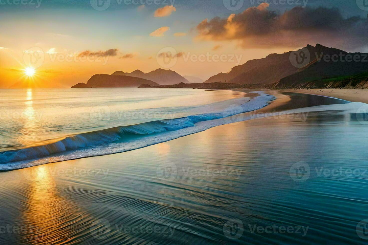the sun sets over a beach and mountains. AI-Generated photo
