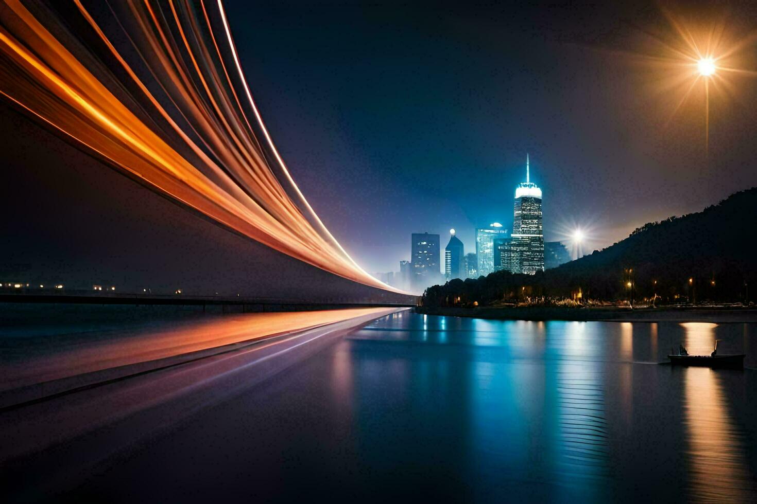 a long exposure photograph of a city skyline at night. AI-Generated photo