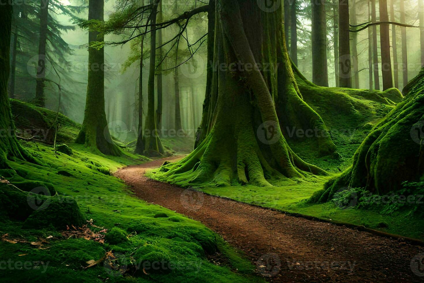 a path through a green forest with trees and moss. AI-Generated photo