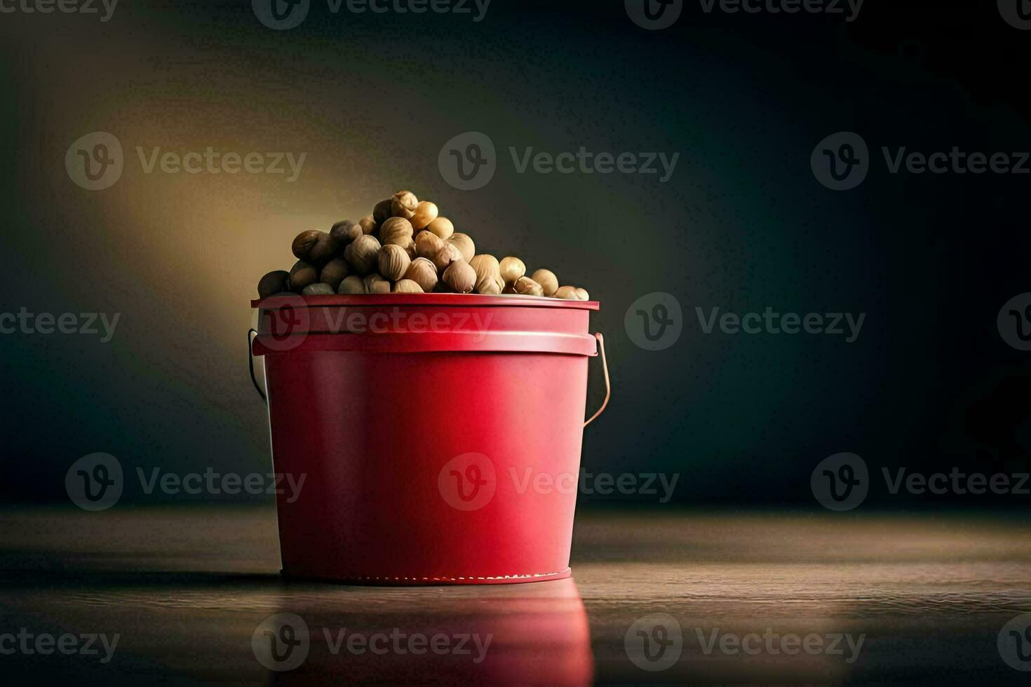 a red bucket filled with peanuts on a wooden table. AI-Generated photo