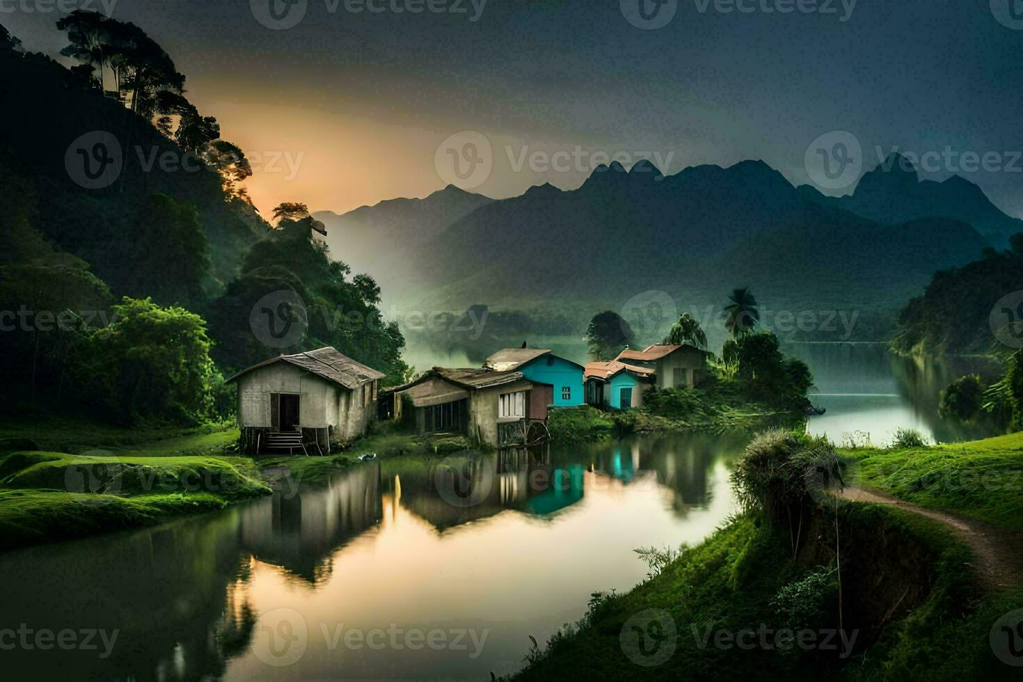 un pequeño pueblo se sienta en el bancos de un río. generado por ai foto