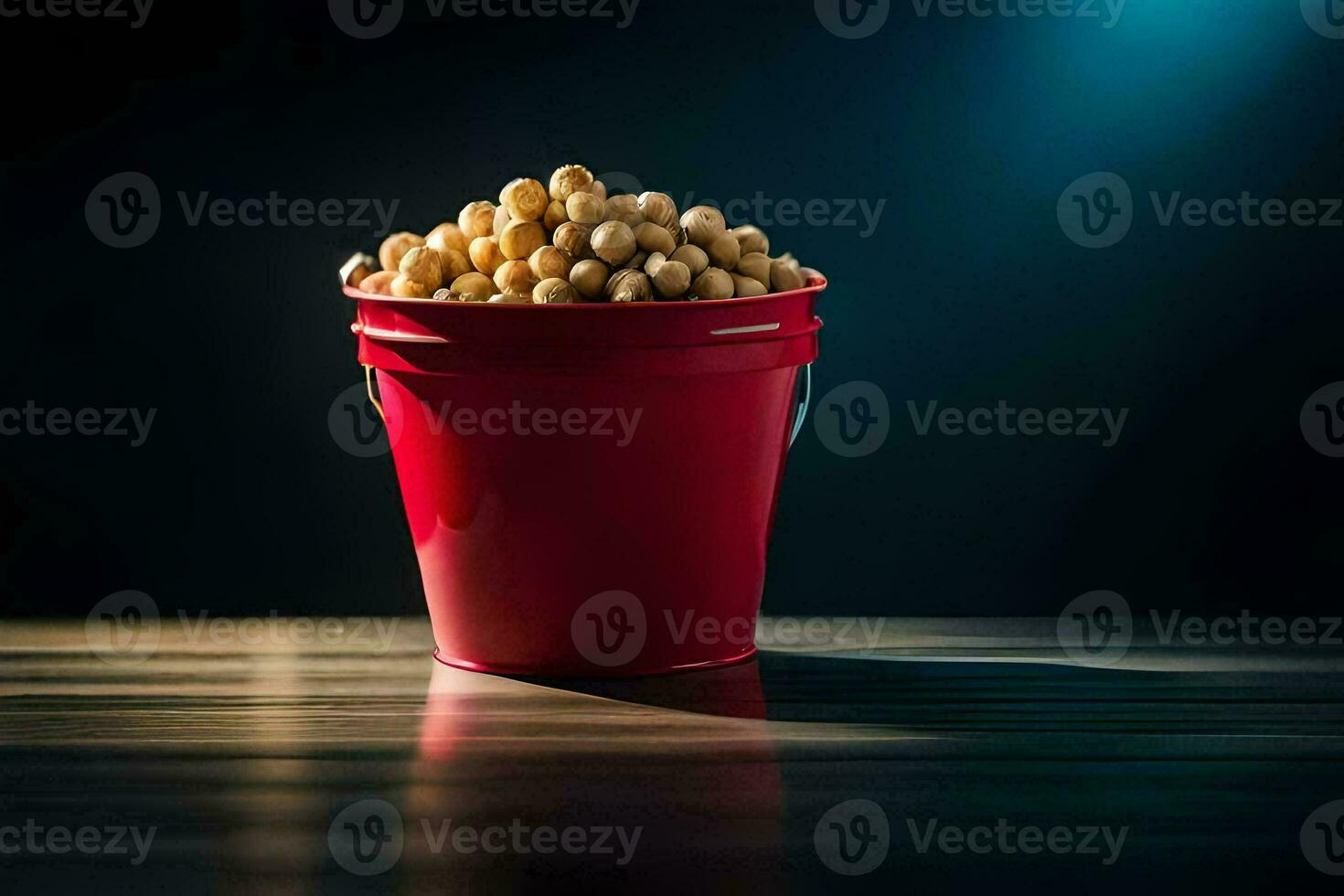 a red bucket filled with peanuts on a table. AI-Generated photo